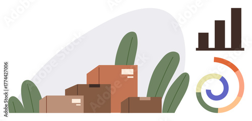 Stacked cardboard boxes alongside a rising bar graph and circular chart, portraying growth and efficiency trends in shipping, logistics, and data analysis. Ideal for business, delivery, market