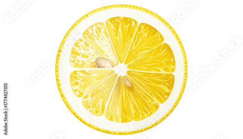 Watercolor slice of lemon. Close-up illustration of the fruit's inner structure on dark background