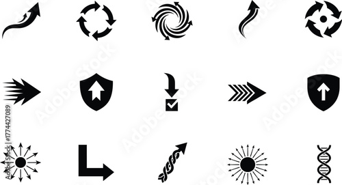 Arrow direction silhouette icon collection showing movement, progress, cycle, rotation, navigation and growth symbols in modern black and white vector set