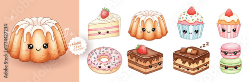 Cute kawaii watercolor desserts set. Adorable cakes, donuts, cupcakes, and macarons with smiling faces. Sweet pastel bakery illustration in soft watercolor style.