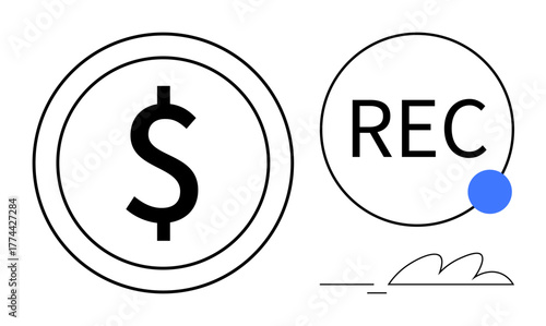Dollar sign emphasizes money and finance, paired with a recording indicator for tracking or digital interaction concept. Ideal for finance, recording, monitoring, analytics, technology, digital