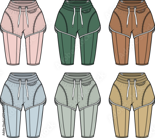 Collection of six different pairs of athletic shorts in a variety of pastel and earth tone colors, presented on a white background
