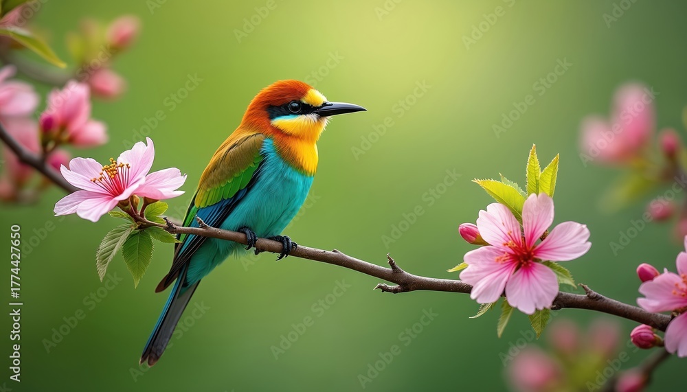 Obraz premium Colorful bird perched on a branch surrounded by pink flowers. It is located in nature. Beautiful bird sitting at flowering tree. Beauty of spring.