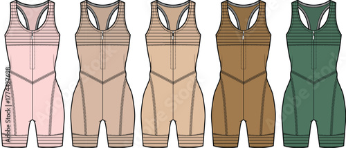 Set of five athletic bodysuits in various neutral tones and a green hue, showcasing a zippered neckline and form-fitting design for activewear