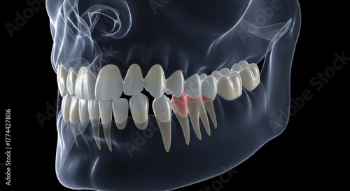 3d rendering of a human skull showing a damaged tooth with inflammation and exposed pulp