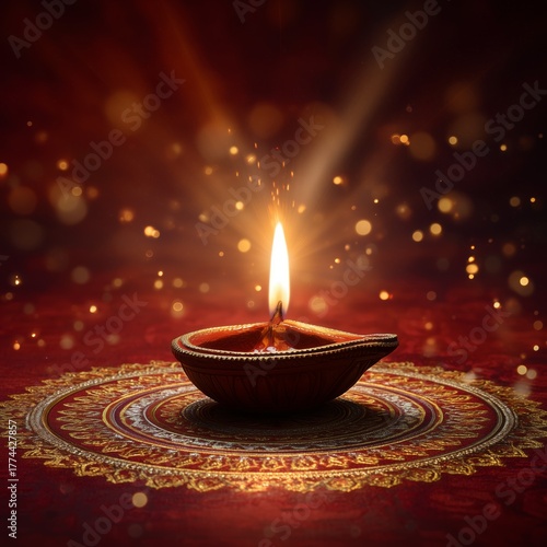 Golden Diya Lamp on Ornate Rangoli with Warm Festive Light Bokeh on a golden mandala on a red background
