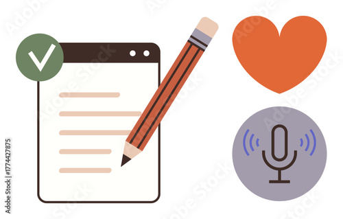 Note-taking app with pencil, heart symbol, and voice recording button. Ideal for education, workflow, creativity, media, self-expression brainstorming communication. Simple flat metaphor