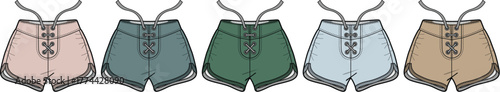 Set of colorful women's high-waisted shorts with lace-up front detail, fashion technical illustration for apparel design collection