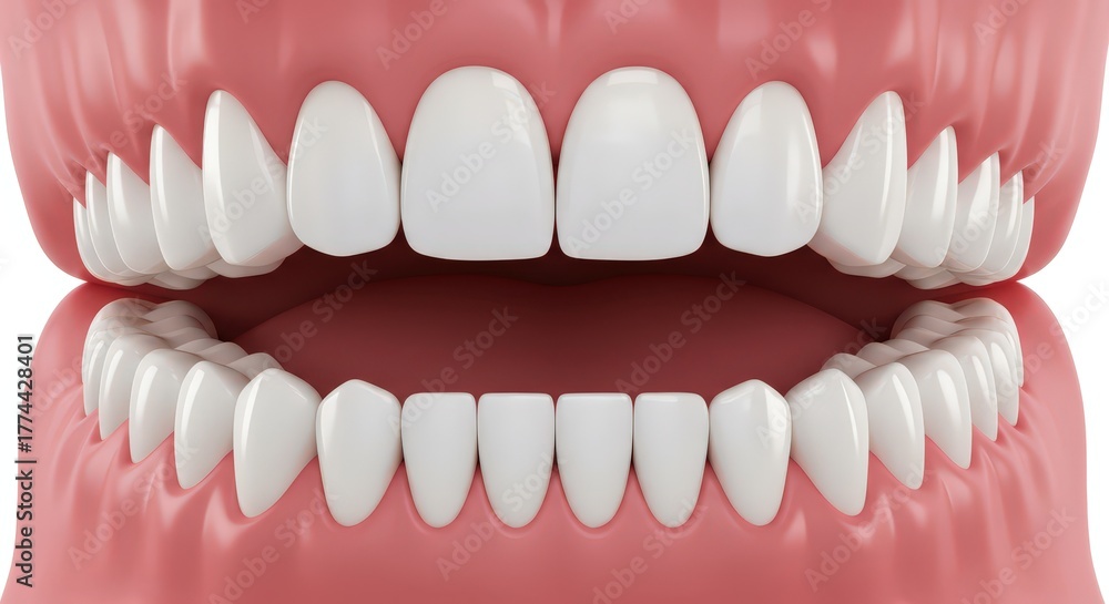 Obraz premium Close up view of healthy human teeth and gums showcasing a bright white smile and dental anatomy