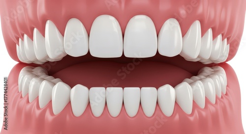 Close up view of healthy human teeth and gums showcasing a bright white smile and dental anatomy