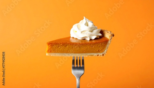 Delicious Pumpkin Pie Slice with Whipped Cream on a Fork.