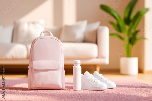 Backpack with water bottle laptop and sneakers on carpet student daily routine