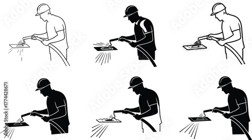 Construction worker, wearing a hard hat, applying grout or mortar with a pointed trowel and spray hose, masonry, finishing, black and white.
