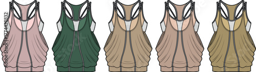 Elegant women's racerback camisole flat sketches in a spectrum of soft, versatile colors, perfect for fashion design and apparel development portfolios