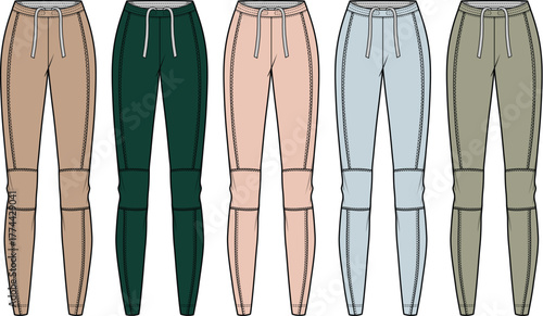 Collection of colorful women's joggers with side stripes and knee patches, a technical fashion flat sketch for apparel design