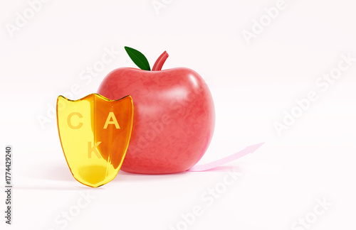 A 3D render of a shiny red apple next to a golden shield marked with C, A, K, symbolizing essential fat-soluble vitamins for health, nutrition, and immunity.