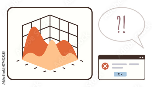 3D graph with peaks in orange tones, error message window, and speech bubble expressing confusion. Ideal for data analysis, problem-solving, troubleshooting, analytics, research, statistics