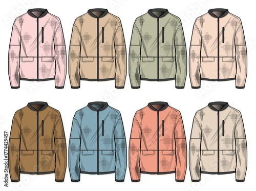 Stylish jacket designs in various colors A collection of outerwear illustrations for fashion
