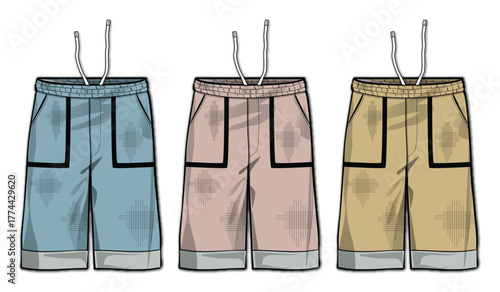 Casual Shorts Vector Set in Blue, Pink and Yellow