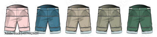 A vibrant collection of colorful summer shorts with rolled cuffs, showcasing a fashion illustration of multiple apparel choices for casual wear