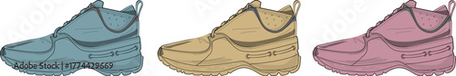 Set of three illustrated sports shoes in different pastel colors like blue, yellow, and pink. Concept of choice, variety, and personal style in modern athletic footwear