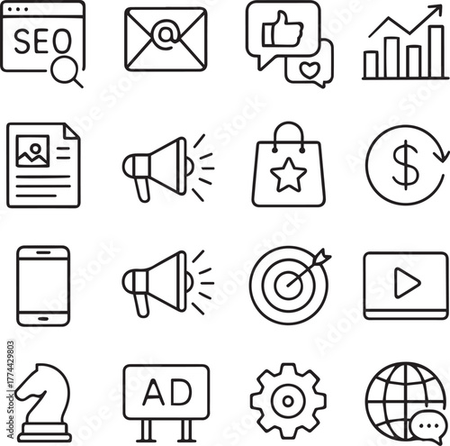Digital Marketing icon set. Online promotion and advertising related line icons. SEO, email, social media, analytics, content, campaign, , branding, conversion, mobile and marketing . Editable stroke.