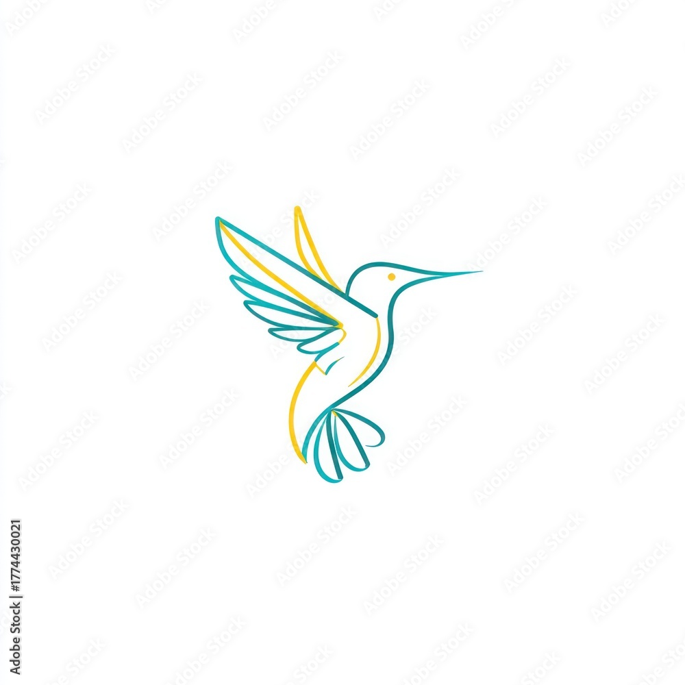 Fototapeta premium Hummingbird illustration simple lines of blue and yellow on white background