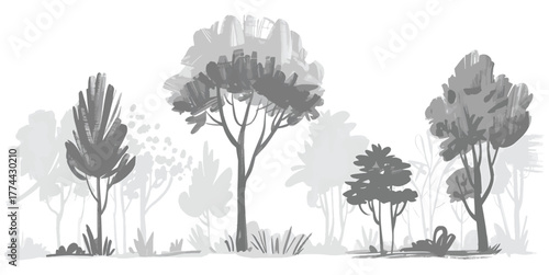  Minimal style cad tree line drawing, Side view, set of section wetland forest outline for landscape design drawing. Vector Architectural Drawings,