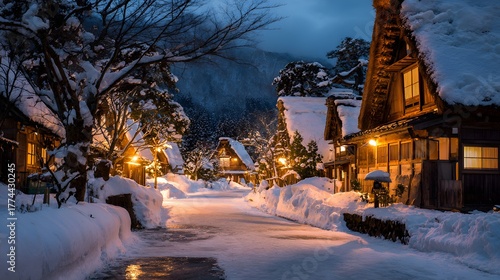 Snow covered japanese traditional village street and wooden houses at twilight with warm light