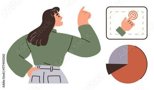Confident woman pointing towards interactive touchscreen and pie chart, showcasing analytics and data presentation. Ideal for technology, education, business, marketing, strategy, communication
