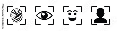 Recognition, scan identification icon set. Fingerprint icon. Identification and verification icon set. Eye scan icons. Face ID and eye scan