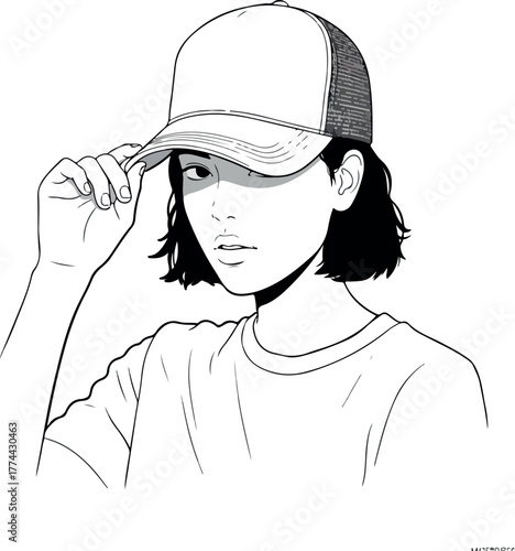 Black and white illustration of a young woman wearing a baseball cap and adjusting the brim with her hand against a plain white background.