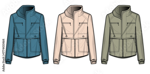 Collection of three fashionable jacket designs in various colors teal, beige, and olive green