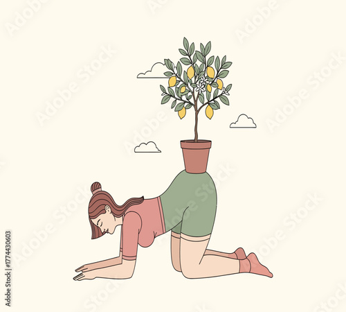 A joyful woman in pink lingerie stands next to a lemon tree, laughing and enjoying the moment, radiating happiness and positivity in a bright, sunny room