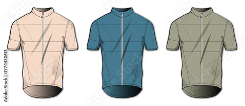 Trio of cycling jerseys in varied colors, showcasing athletic apparel design and fabric texture