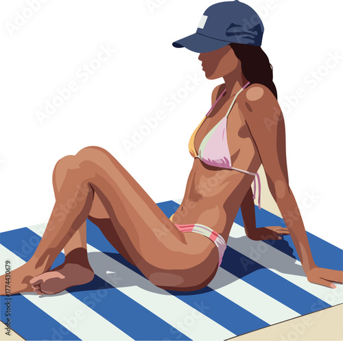 A woman in a pink bikini and blue baseball cap sits on a blue and white striped beach towel against a plain white background.