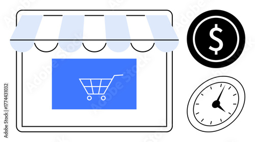 Digital shop window with a shopping cart icon, dollar sign, and clock signifying e-commerce, savings, time management, retail efficiency, online transactions, budgeting and customer convenience. A