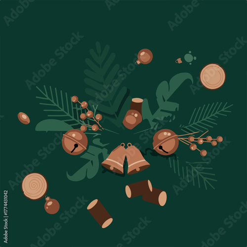 Digital illustration of assorted Christmas ornaments and tree elements on a dark green background with a festive mood.