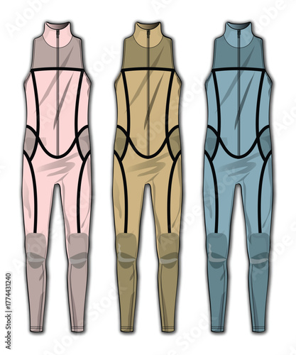 Vector illustration of a futuristic full-body jumpsuit in three different color variations. Template for a sleek, modern athletic catsuit or sci-fi uniform design