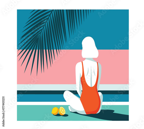 A serene woman in a swimsuit meditates by the pool under the shade of palm trees, enjoying the peacefulness and tranquility of a summer day