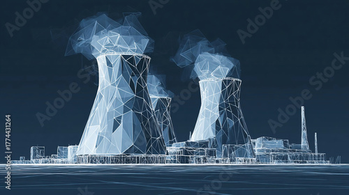 Nuclear power plant sketch. Isolated abstract polygonal nuclear reactor. Polluting energy. Industry concept.