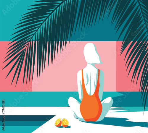 A serene woman in a swimsuit meditates by the pool under the shade of palm trees, enjoying the peacefulness and tranquility of a summer day