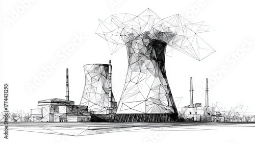 Nuclear power plant sketch. Isolated abstract polygonal nuclear reactor. Polluting energy. Industry concept.