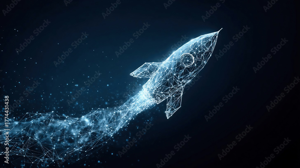 Fototapeta premium Digital rocket flies in orbit of planet Earth. Abstract light blue technological background. Spaceship in outer cosmos.