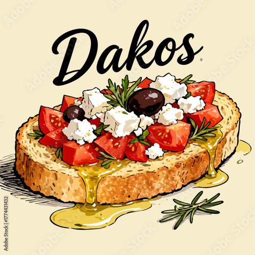 Vector illustration of a classic Greek meze, a Cretan rusk topped with chopped tomatoes, feta cheese, black olives, and rich olive oil, Dakos