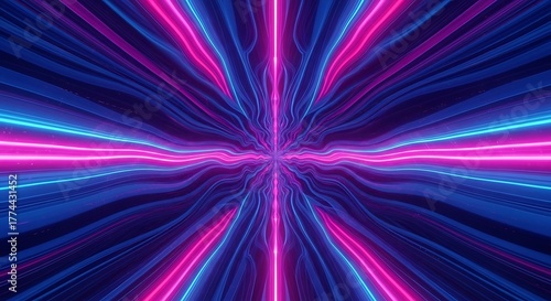Abstract vibrant neon light streaks radiating from a central point in a dark background