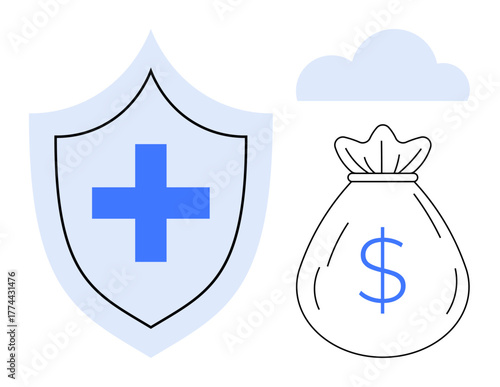 Shield with medical cross, money bag with dollar sign, and cloud representing financial protection, insurance, and security. Ideal for finance, healthcare, savings, coverage economy investment