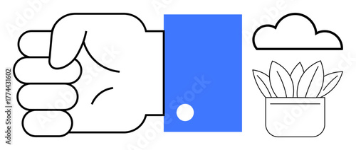 Simplistic design of a clenched hand in a blue sleeve, nearby potted plant, and cloud. Ideal for growth, sustainability, mindfulness, determination, eco-friendliness balance and motivation. Simple