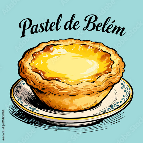 A vector illustration of pastel de belem a traditional Portuguese custard tart, a delicious Pastel de Nata pastry, on a vintage plate