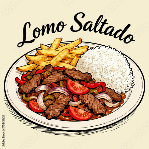 A delicious plate of traditional lomo saltado, Peruvian beef stir-fry served with crispy french fries and a side of white rice, vector illustration